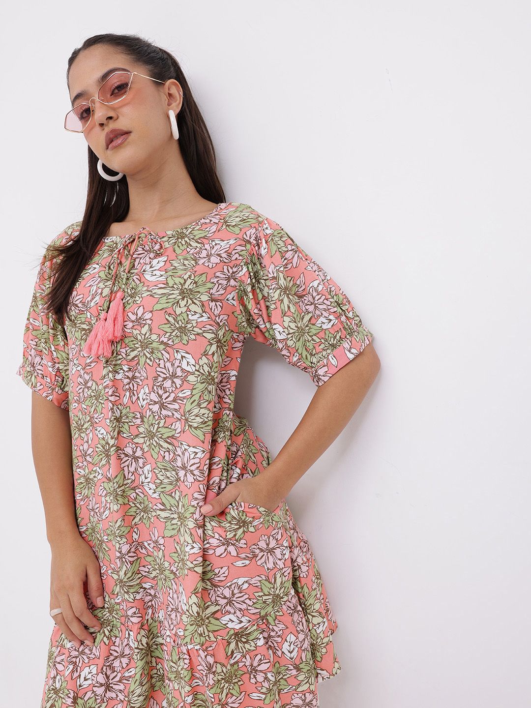DressBerry Vibrant Blooms Floral Printed Tie-Up Neck A-line Dress