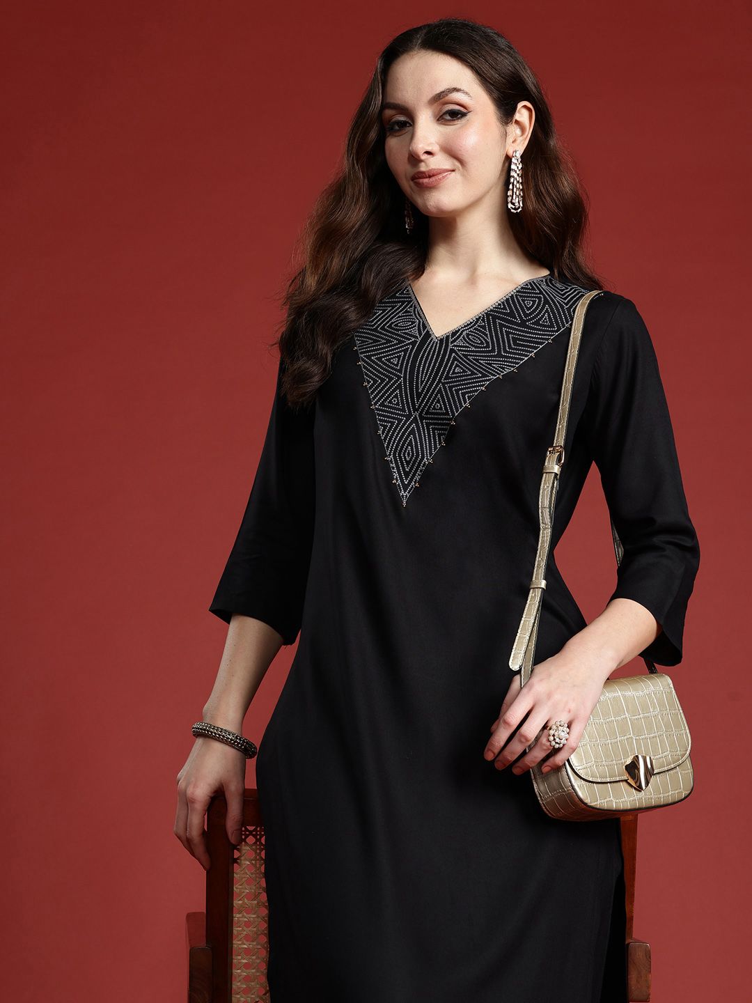 Indo Era Women Geometric Embroidered Sequinned Pure Cotton Kurta