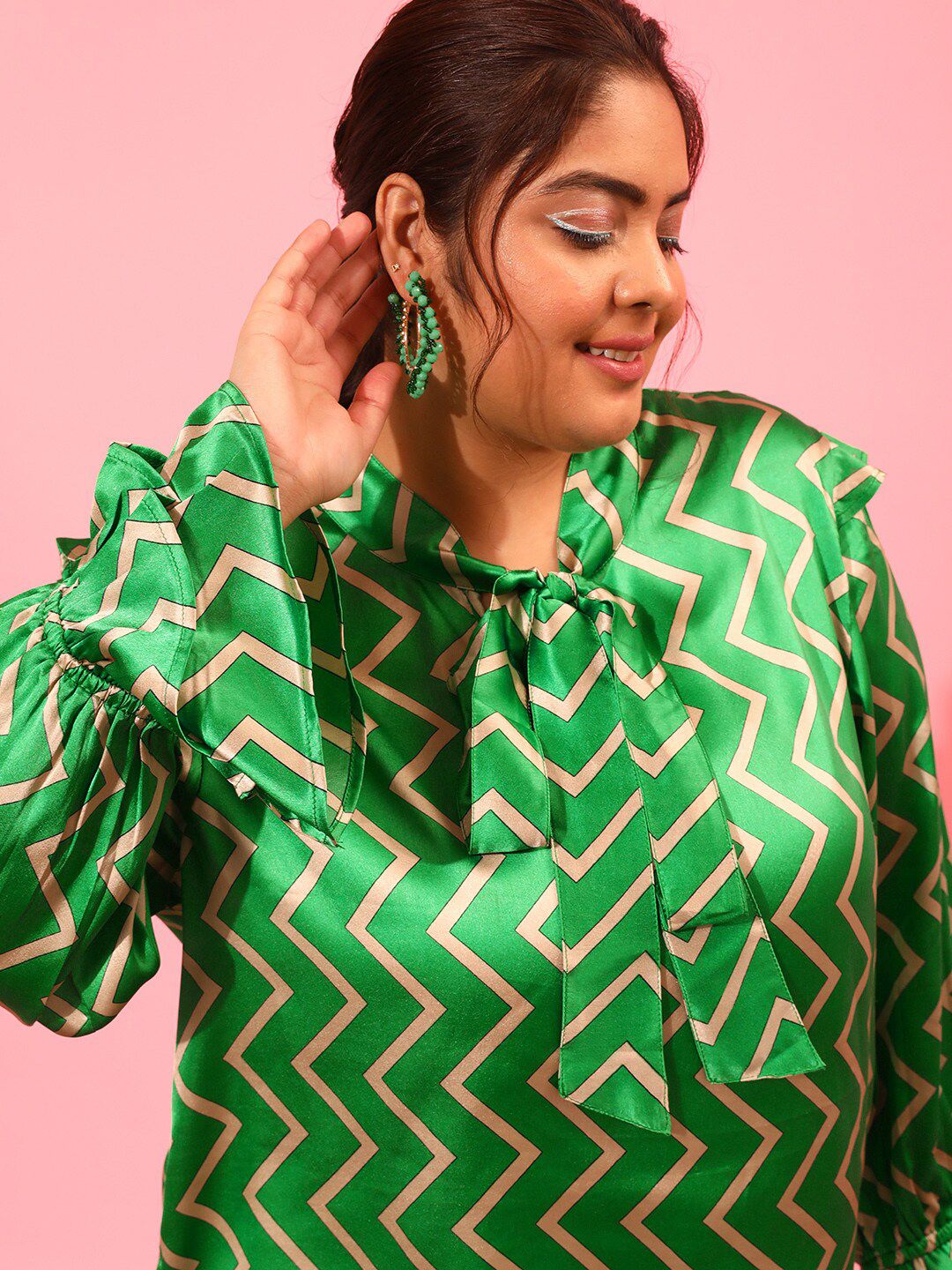 CURVY STREET Plus Size Geometric Printed Tie Up Neck Top