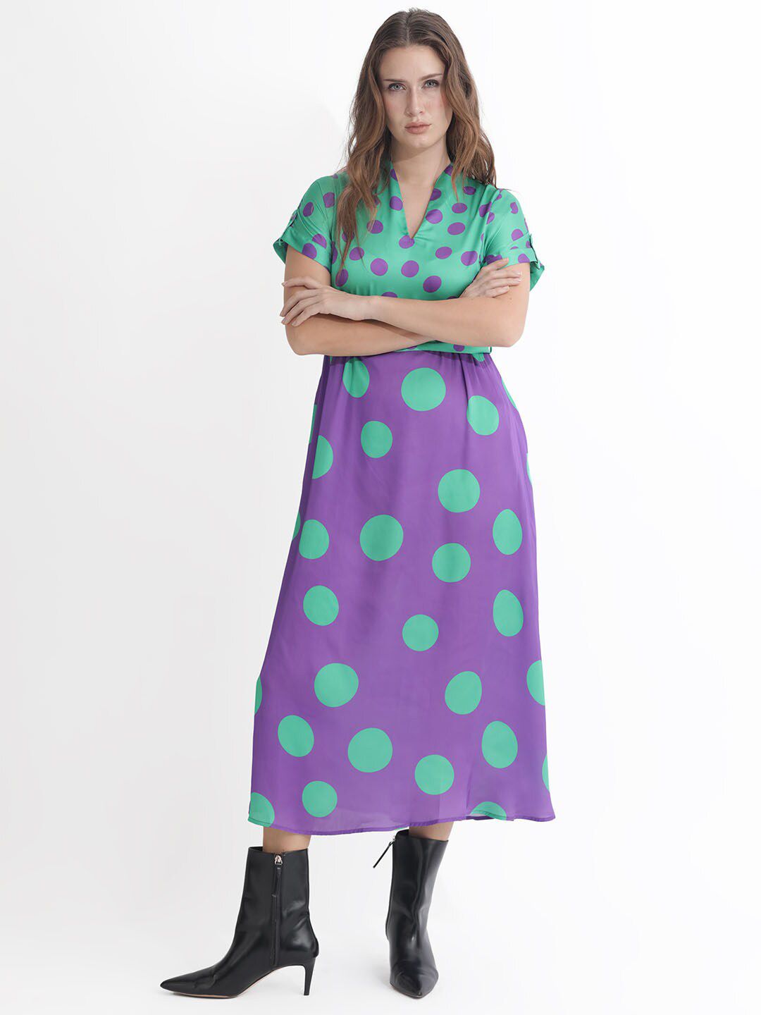 RAREISM Polka Dots Printed Belted A-line Dress