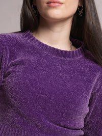 Tokyo Talkies Purple Round Neck Crop Pullover