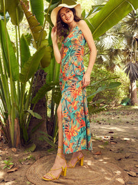 STREET 9 Tropical Printed Sleeveless Crepe Maxi Dress