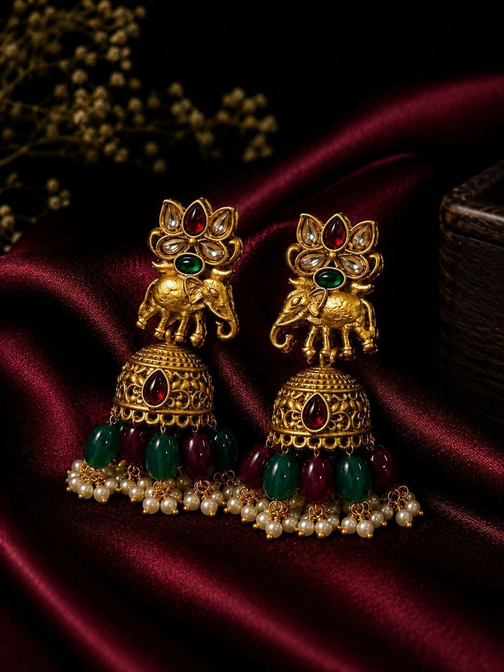 PANASH Gold Plated Artificial Stone Studded & Beaded Dome Shaped Jhumkas
