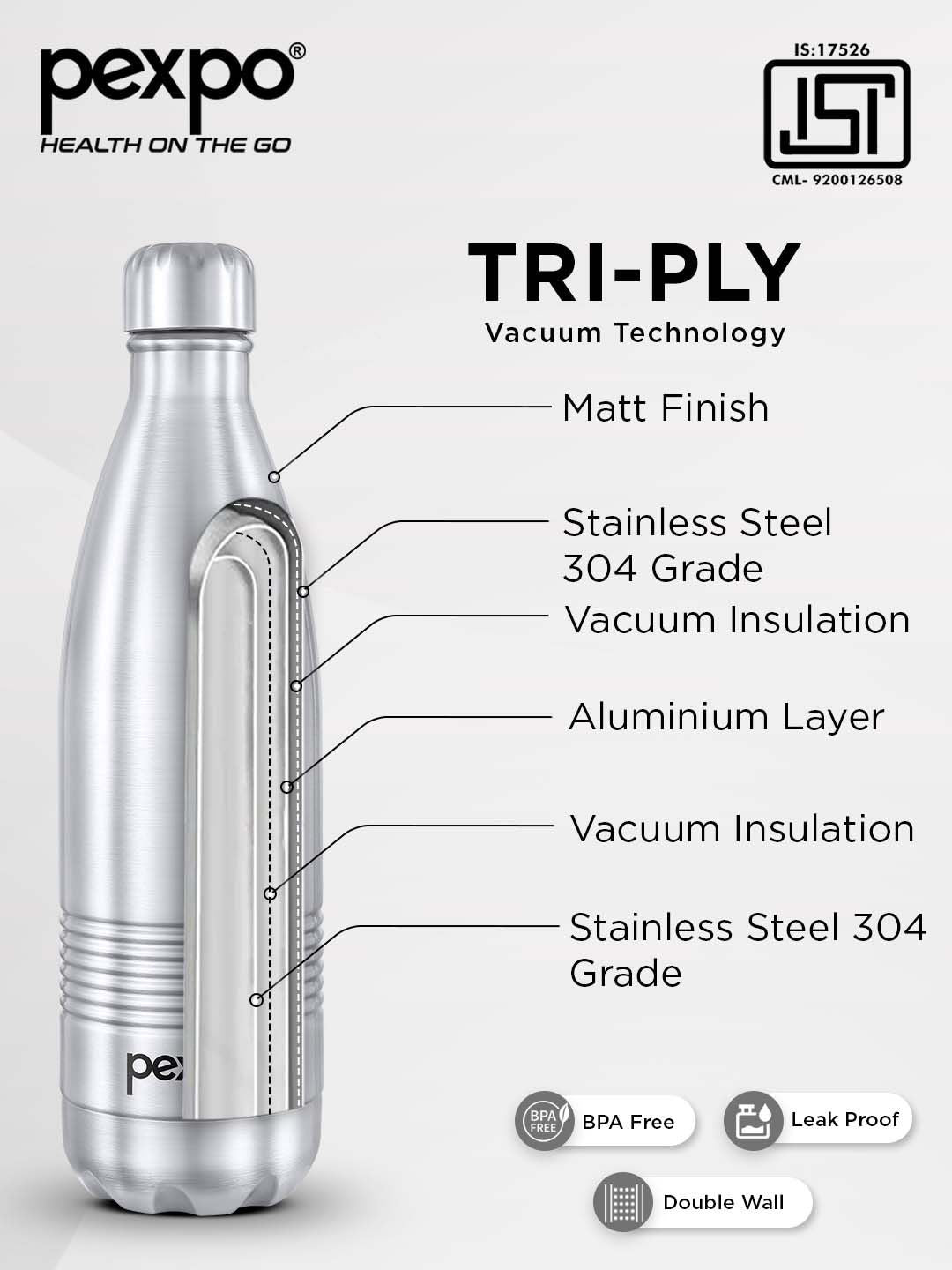 Pexpo Echodlx Silver-Toned ISI Certified Thermosteel Hot Flask Water Bottle 1000ml