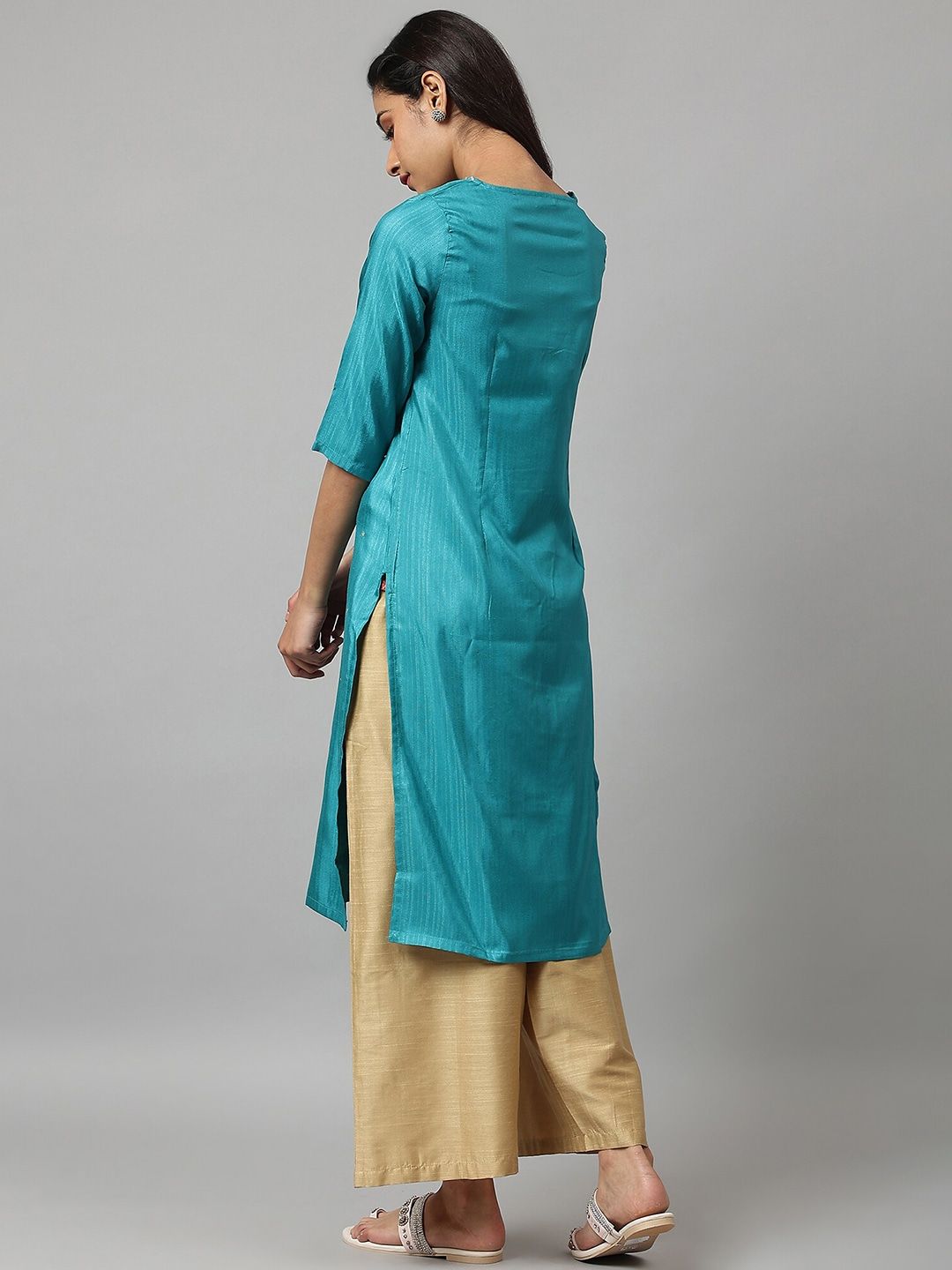 W Women Teal Thread Work Indie Prints Kurta