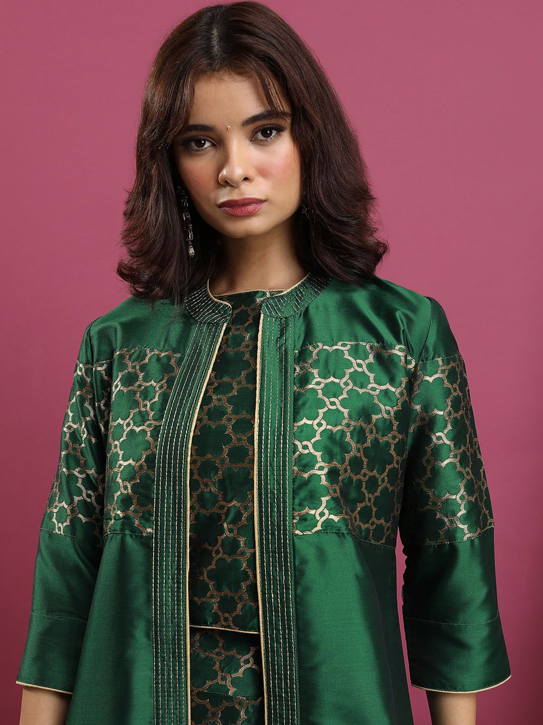 Vishudh Green Ethnic Motifs Woven Design Crop Top & Skirt With Shrug