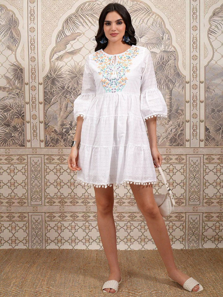 Vishudh Floral Embroidered Tie-Up Neck Cotton Bell Sleeve Fit & Flare Dress