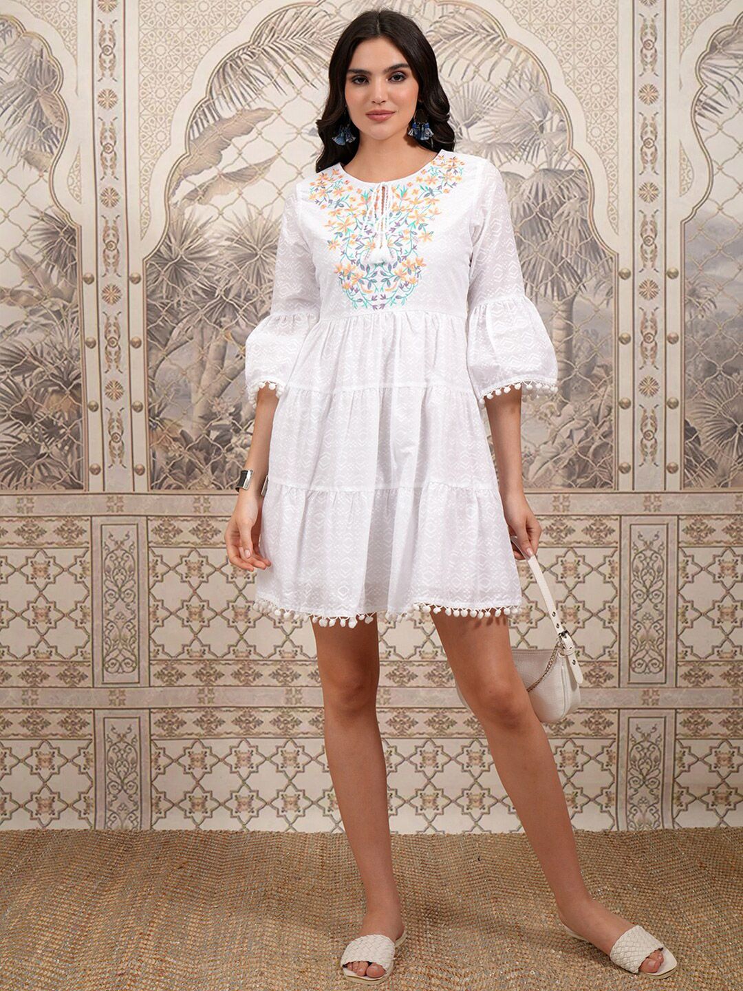 Vishudh Floral Embroidered Tie-Up Neck Cotton Bell Sleeve Fit & Flare Dress