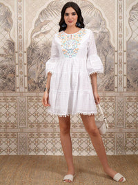 Vishudh Floral Embroidered Tie-Up Neck Cotton Bell Sleeve Fit & Flare Dress