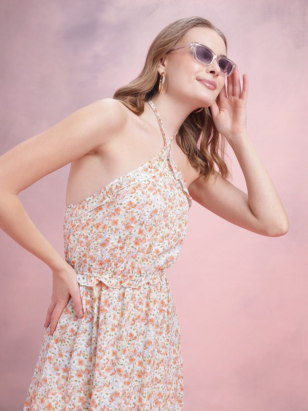 DressBerry Floral Print Halter Neck A-Line Midi Dress