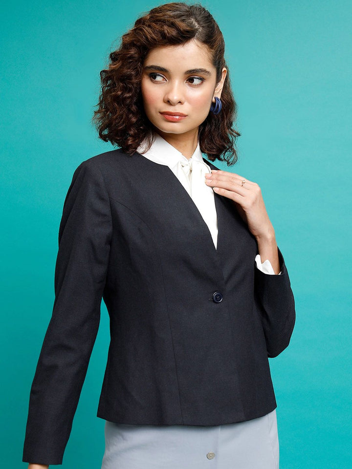 Chic oleh Tokyo Talkies Tentera Laut Blue Clolarless Single-Breasted Blazer