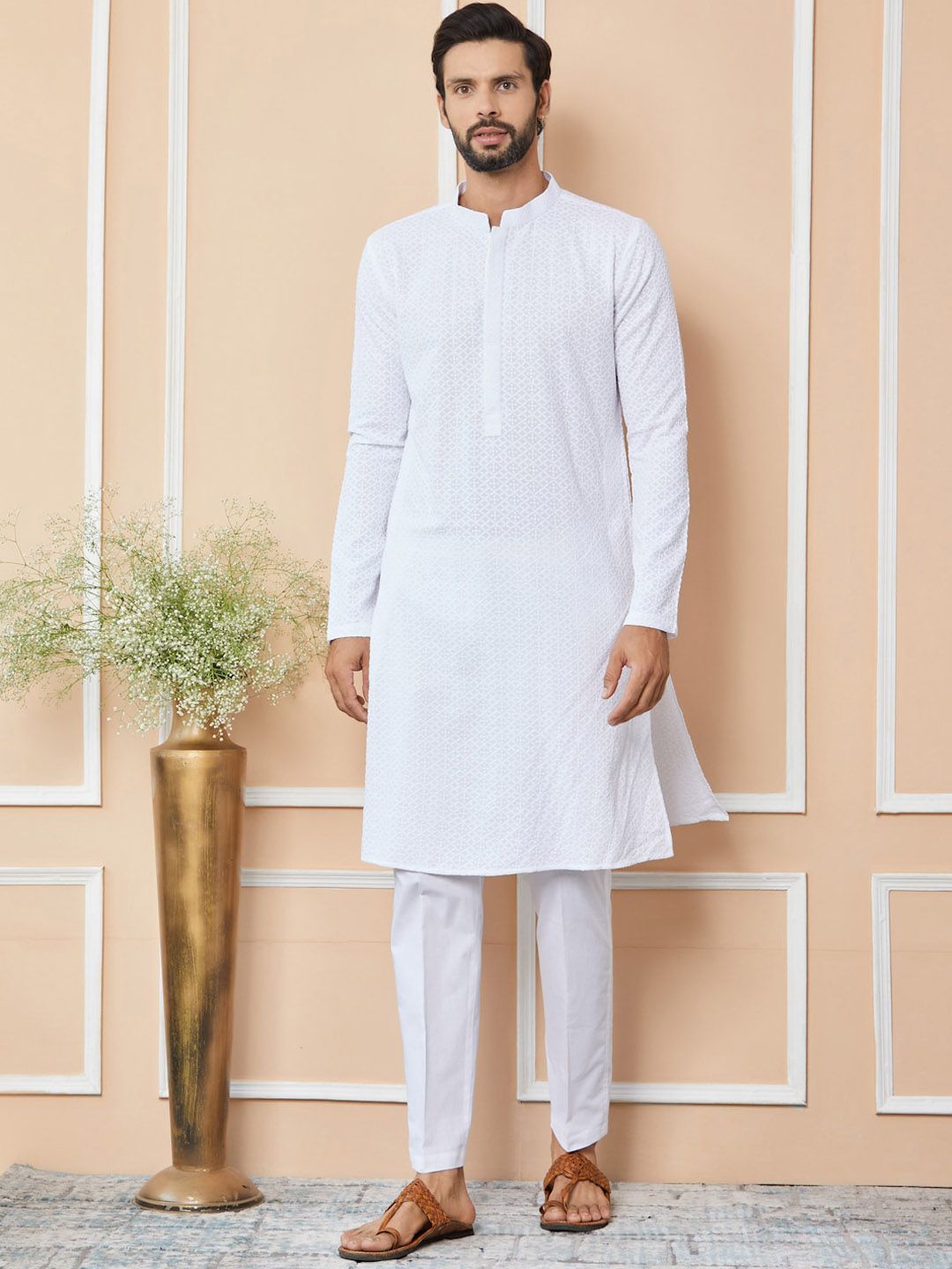 See Designs Floral Embroidered Mandarin Collar Pure Cotton Straight Kurta With Trousers