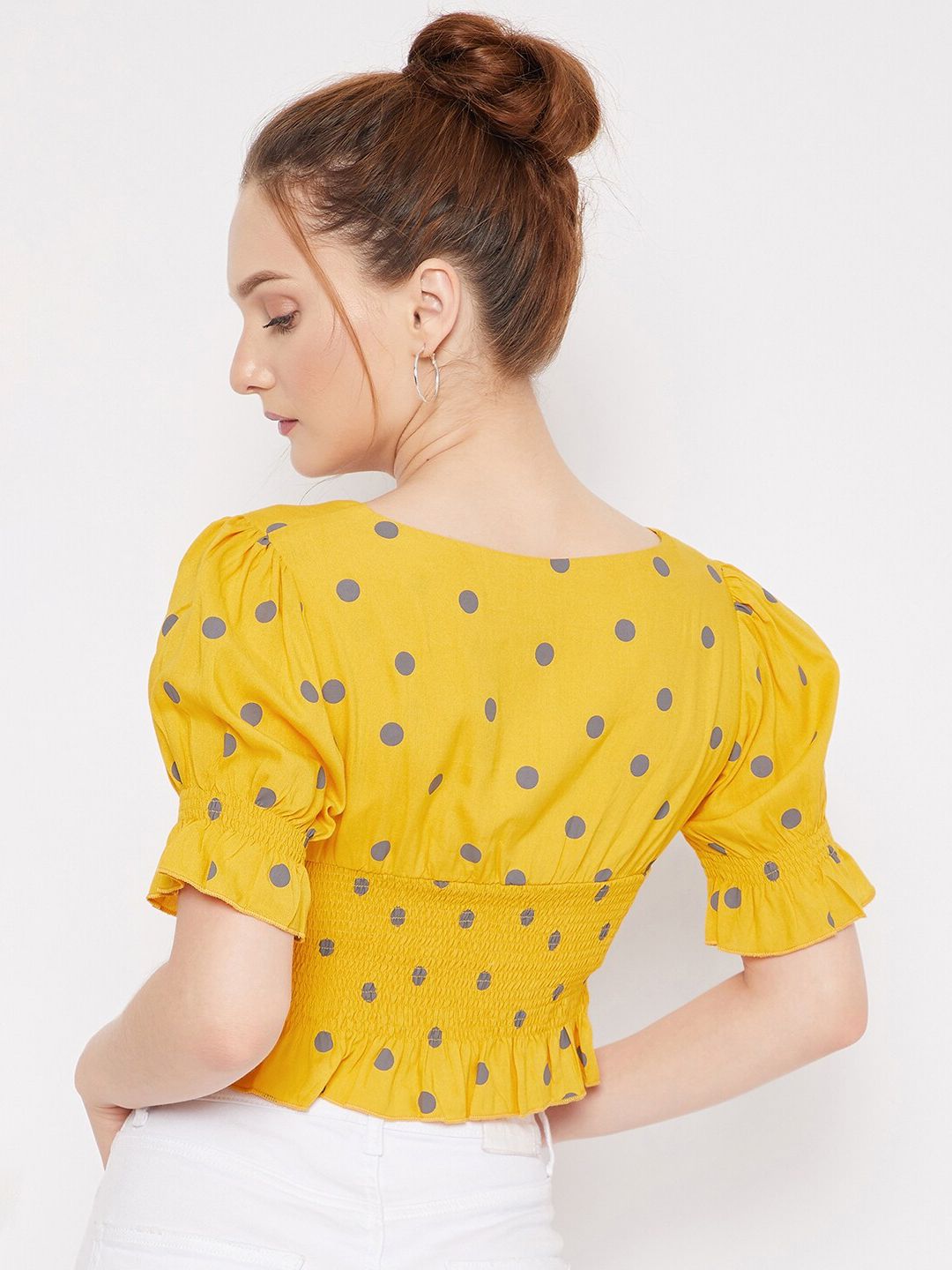 Berrylush Yellow & Blue Polka Dot Printed Crepe Crop Top