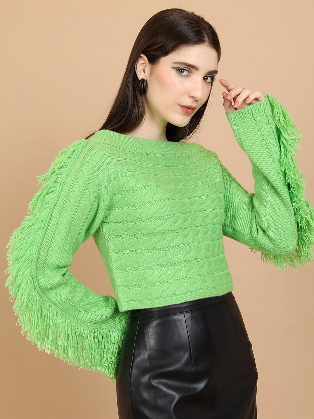Tokyo Talkies Green Cable Knit Self Design Boat Neck Fringed Acrylic Crop Pullover Sweater