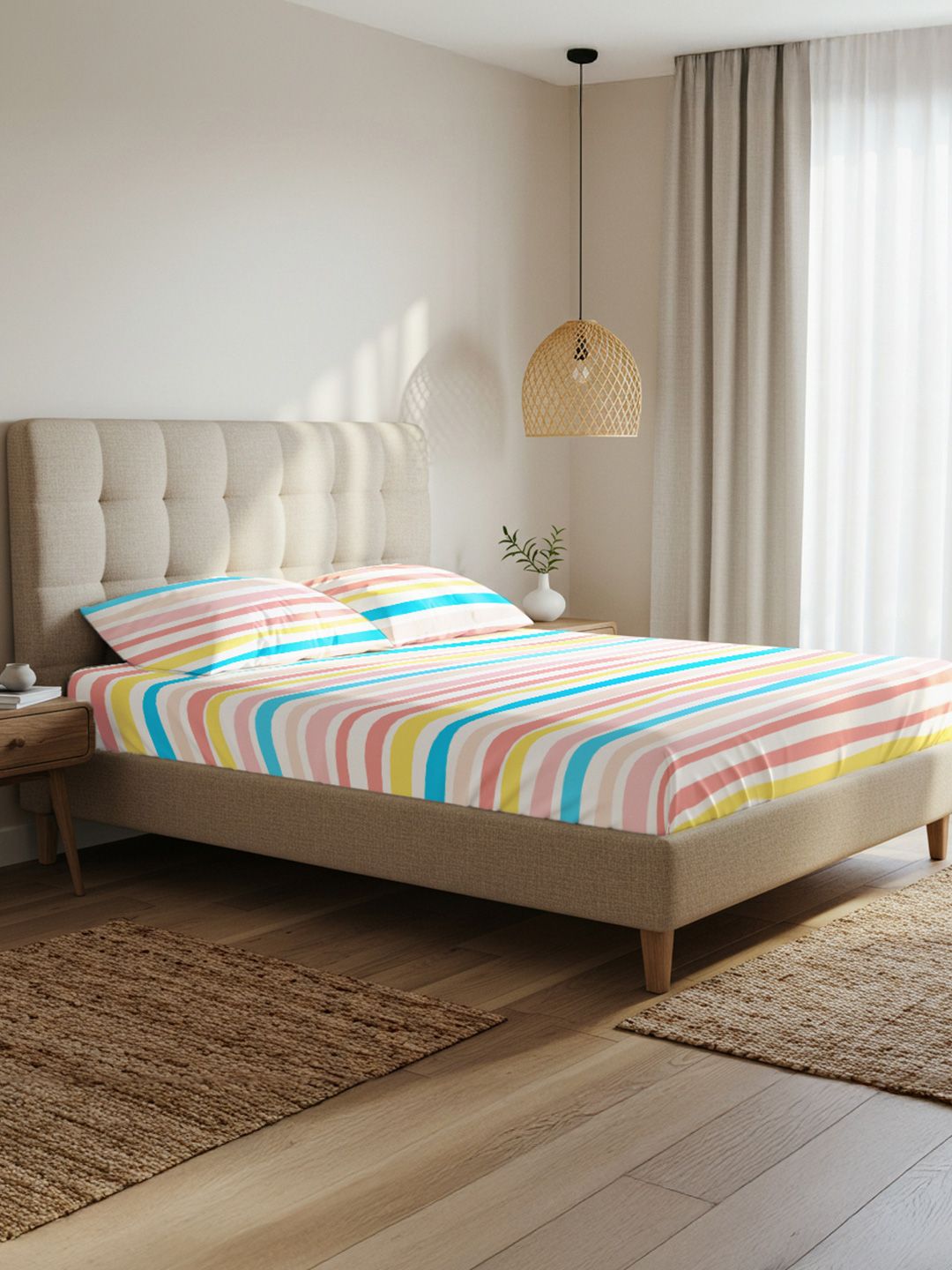 URBAN SPACE Pink & Yellow Striped 200 TC Queen Bedsheet with 2 Pillow Covers