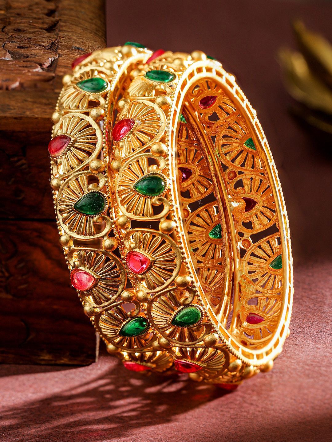 Rubans Set of 2 24K Gold-Plated Handcrafted Bangles with Ruby Red & Emerald Green Stones