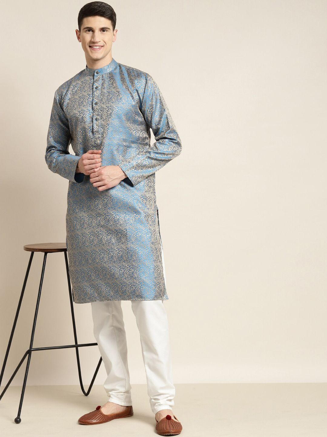 SOJANYA Floral Woven Design Kolar Mandarin Silk Jacquard Kurta With Churidar