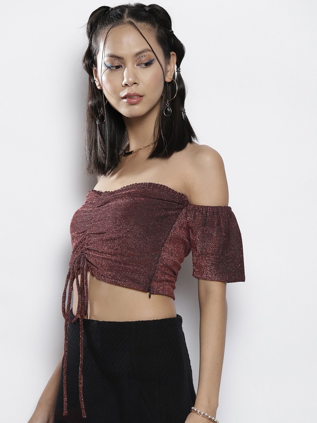 SASSAFRAS Women Pink Embellished Off-Shoulder Crop Top
