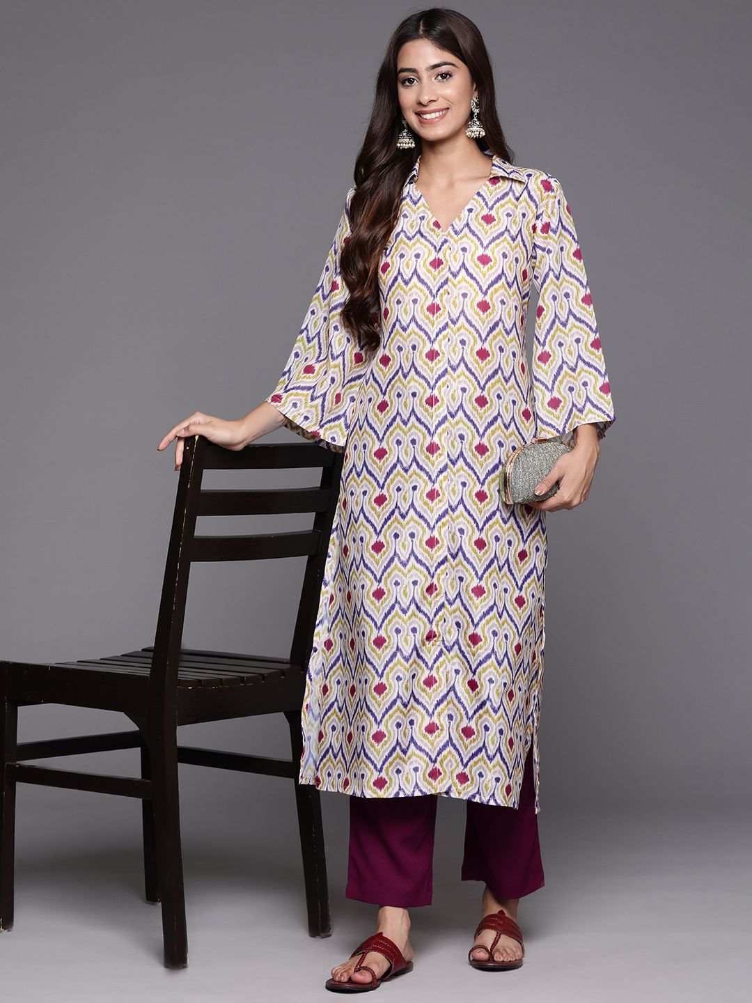 Varanga Abstract Woven Design Flared Kurta with Trousers