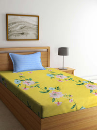 KLOTTHE Yellow Floral Cotton 300 TC Single Fine Bedsheet with a Pillow Cover-89 x 59 inches