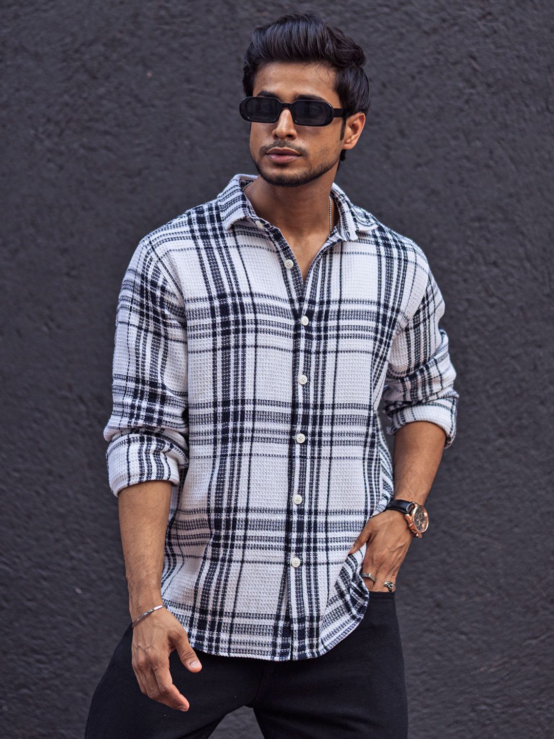 Powerlook Men Spread Collar Tartan Checked Cotton Canvas Casual Shirt