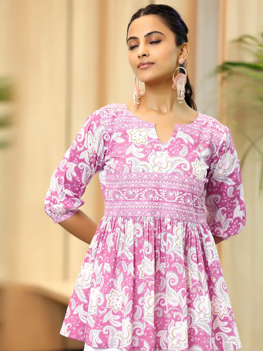 Libas Floral Printed Pure Cotton Pleated Anarkali Kurti