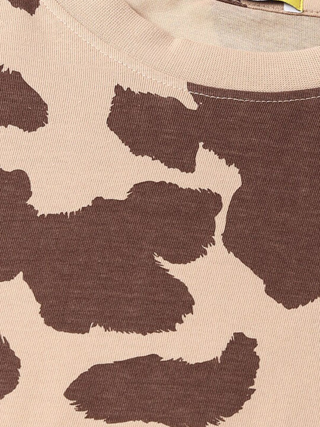 Bewakoof Brown Abstract Printed Round Neck Pure Cotton Oversized T-shirt