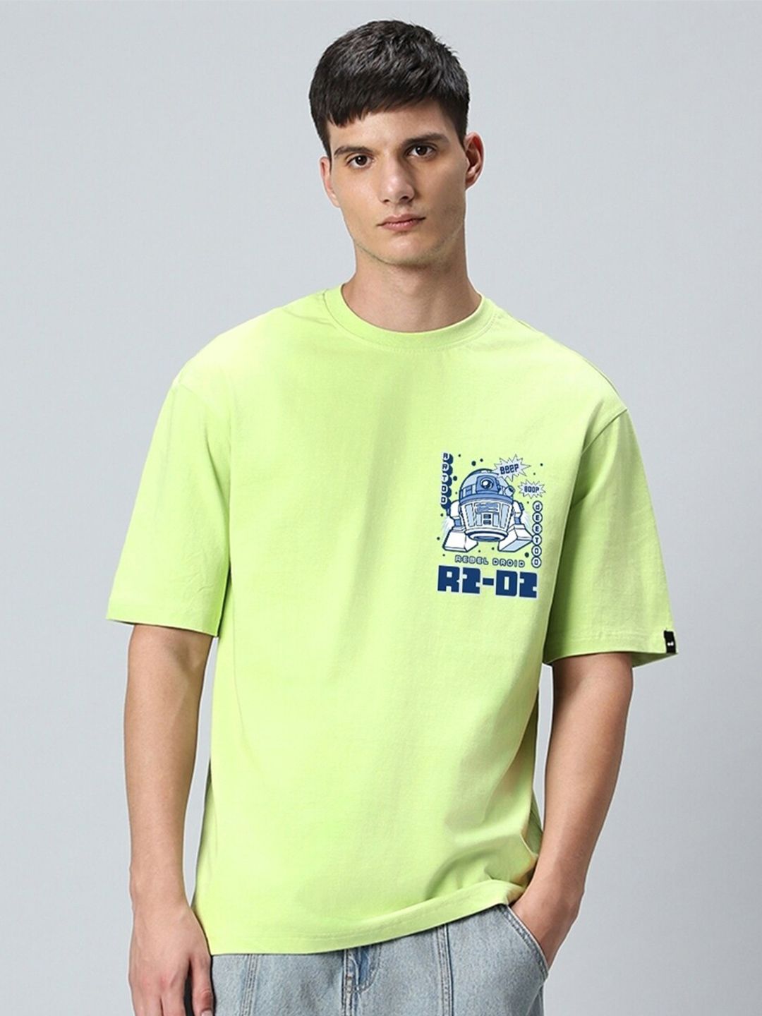 Bewakoof Green Star Wars Printed Drop-Shoulder Sleeves Oversized Cotton T-shirt