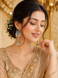 PANASH Gold- Plated Artificial Stones Studded And Beaded Peacock Shaped Drop Earrings