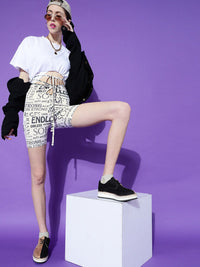 STREET 9 Women Cream-Coloured Typography Printed Slim Fit High-Rise Shorts