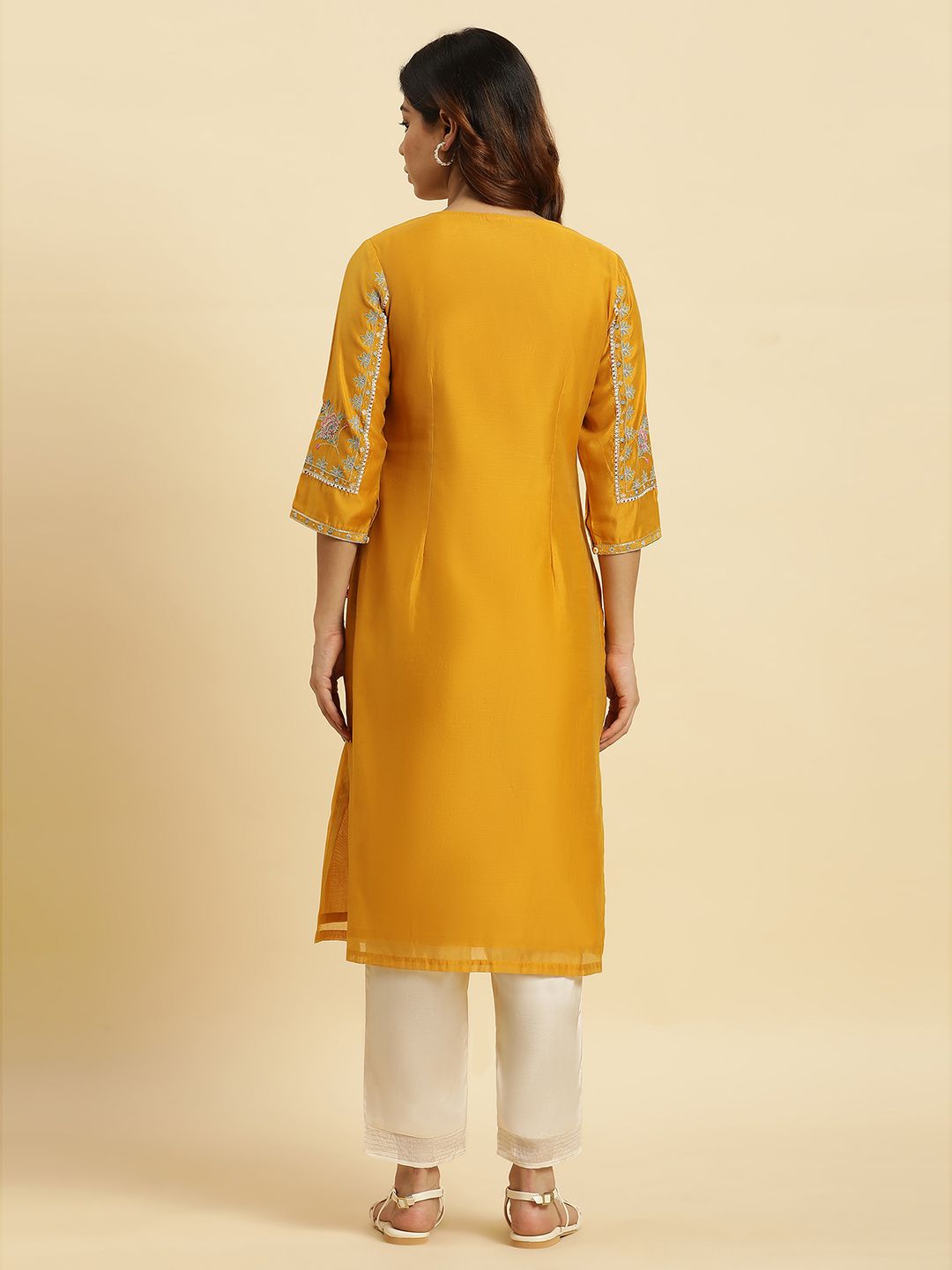 W Yellow Floral Embroidered Thread Work Kurta