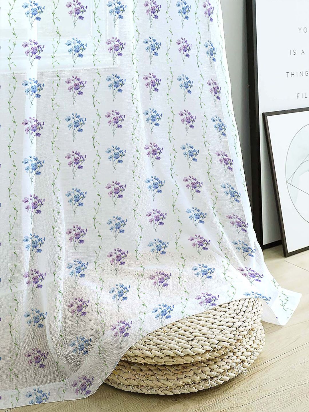 STITCHNEST White & Purple 2 Pieces Floral Printed Sheer Door Curtains