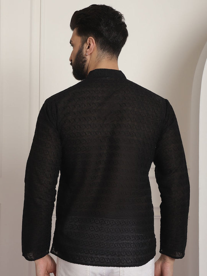 SOJANYA Lelaki Black Chikankari Sulam Kurta Lurus