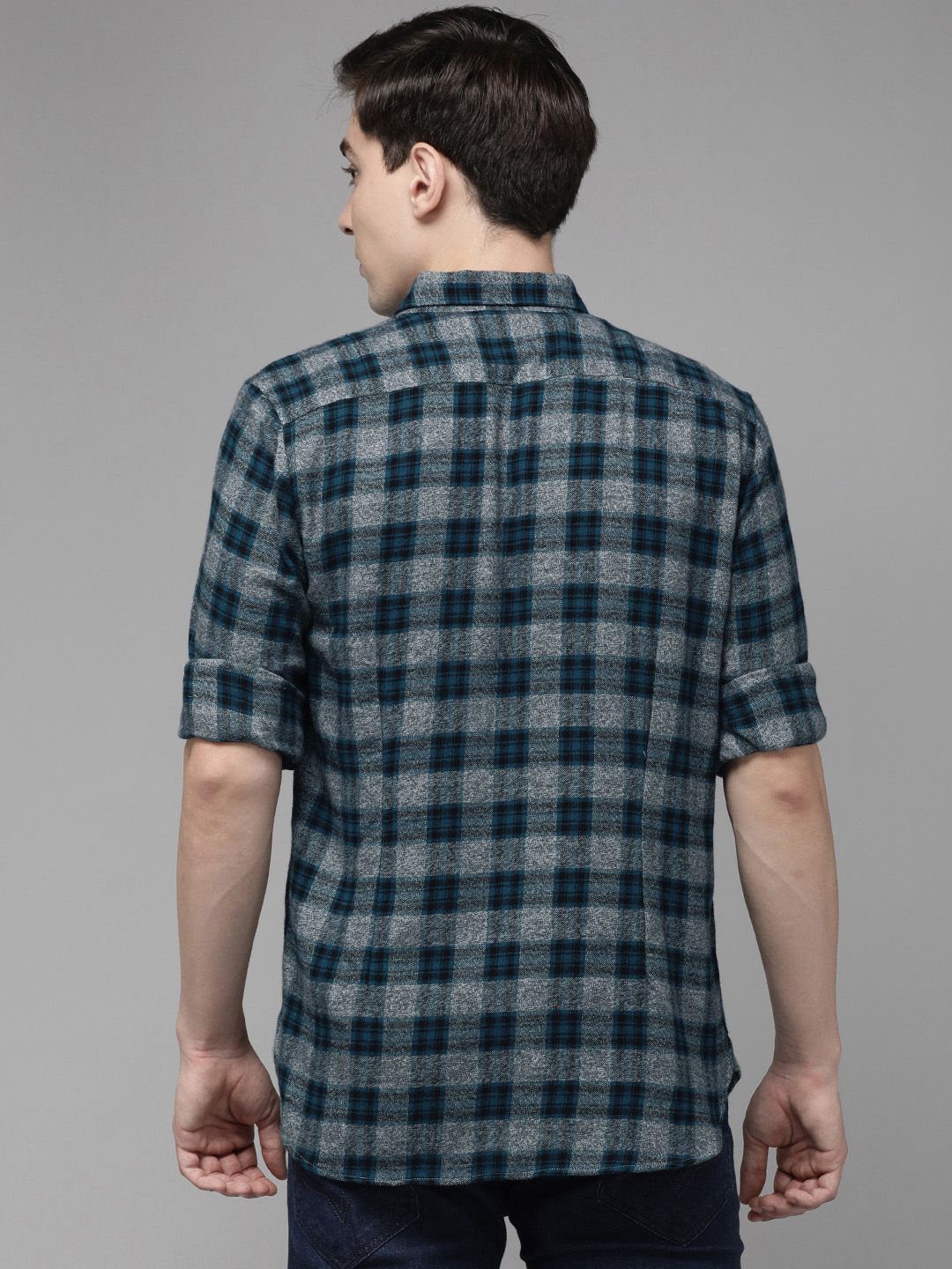 THE BEAR HOUSE Men Grey Slim Fit Pure Cotton Checked Casual Shirt