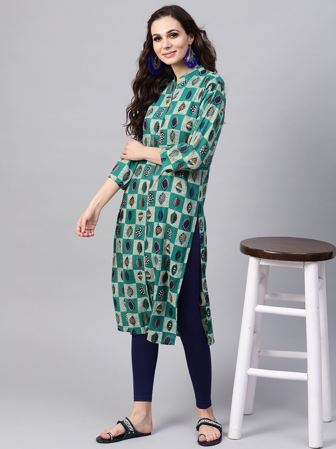 SOJANYA Women Green & Beige Checked Straight Kurta