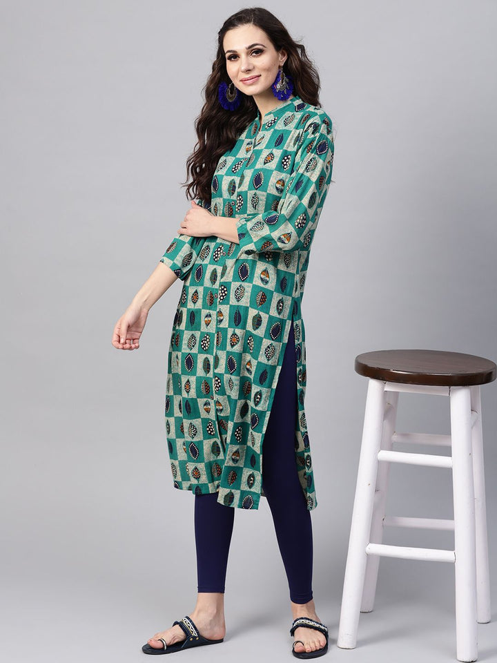 SOJANYA Women Green & Beige Checked Straight Kurta