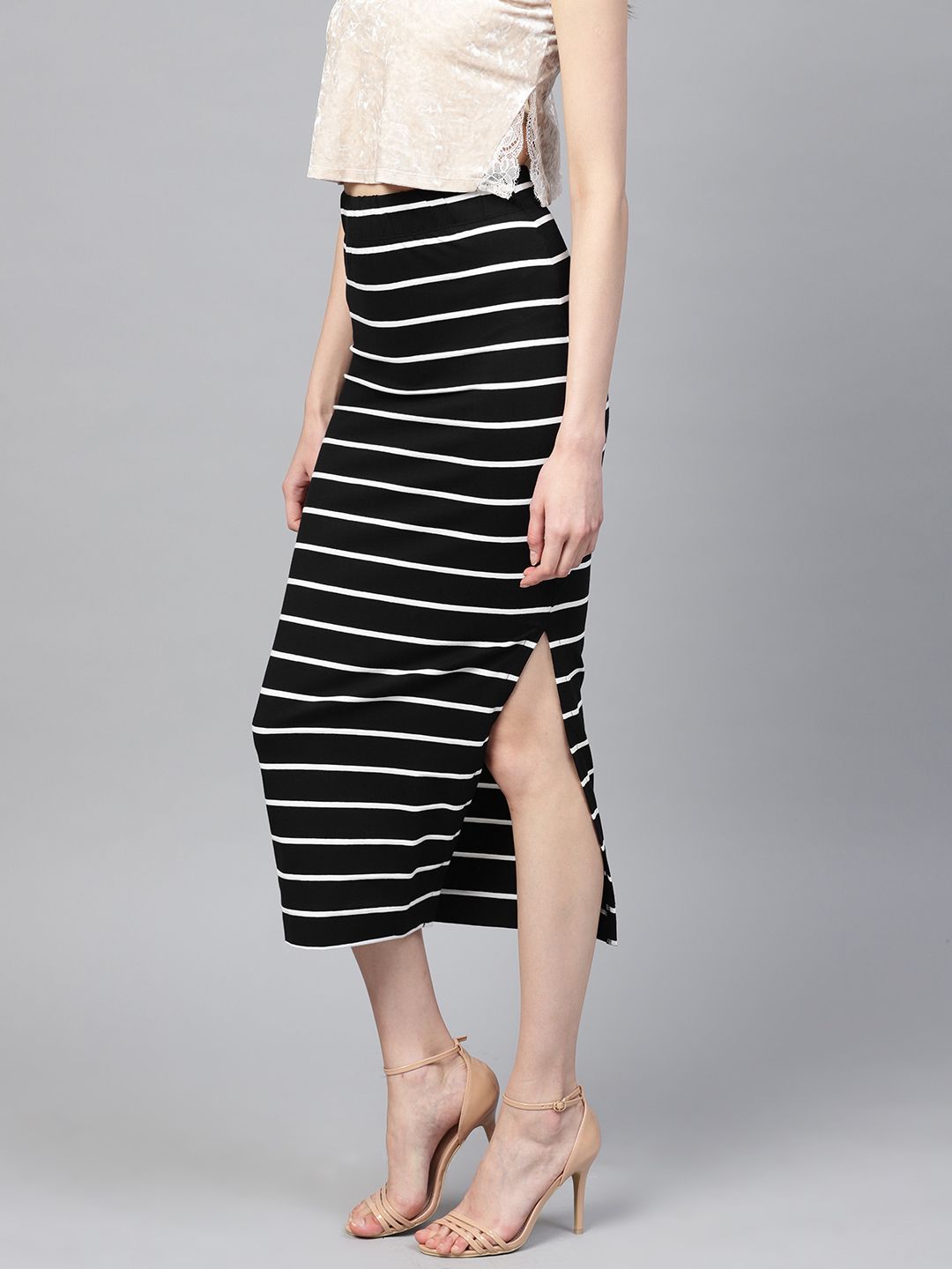 SASSAFRAS Black & White Striped Pencil Skirt