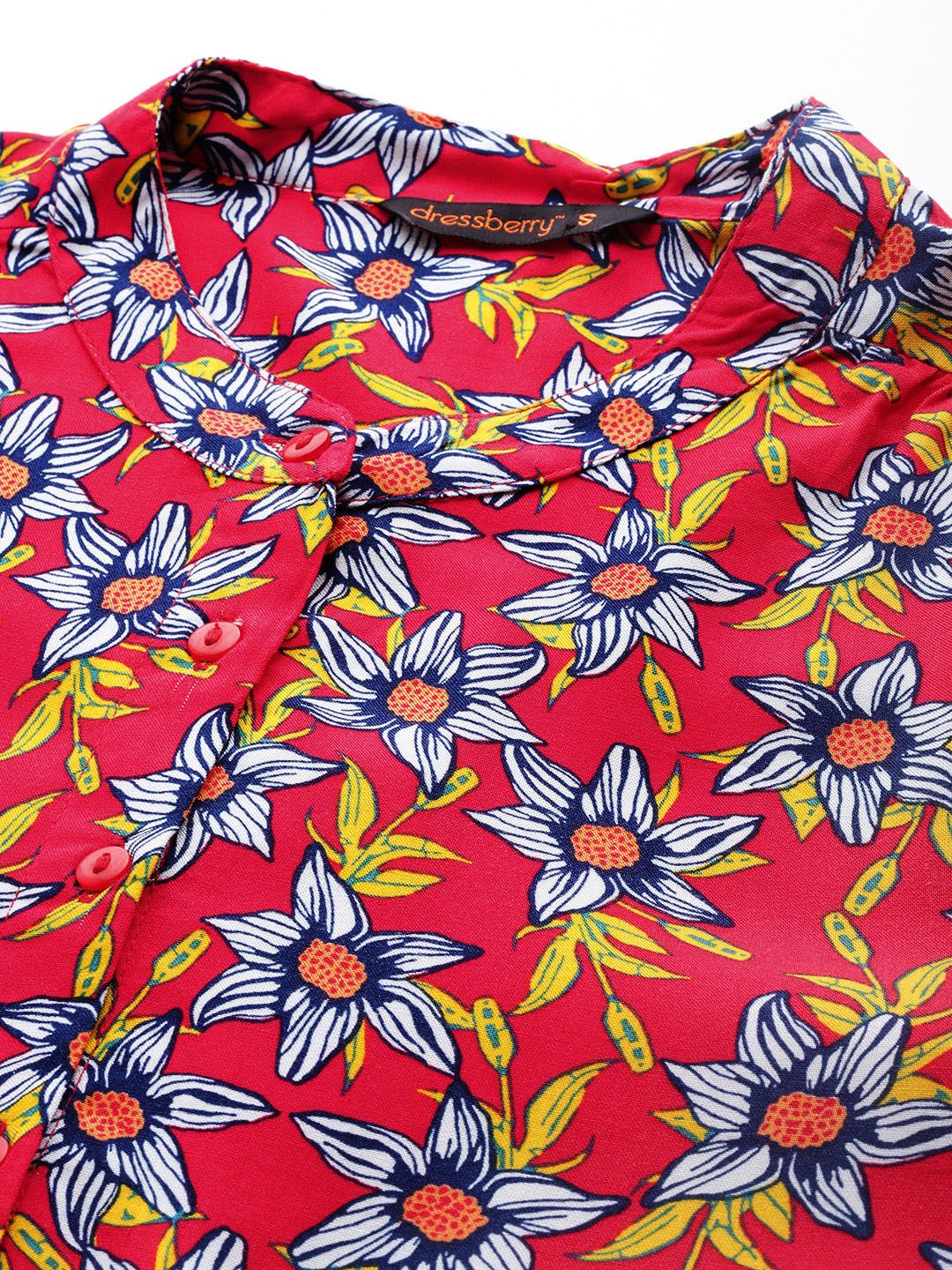DressBerry Floral Print Mandarin Collar Puff Sleeves Shirt Style Top