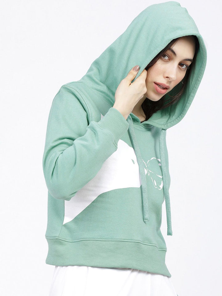Tokyo Talkies Women Green & White Printed Hooded Sweatshirt