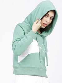 Tokyo Talkies Women Green & White Printed Hooded Sweatshirt