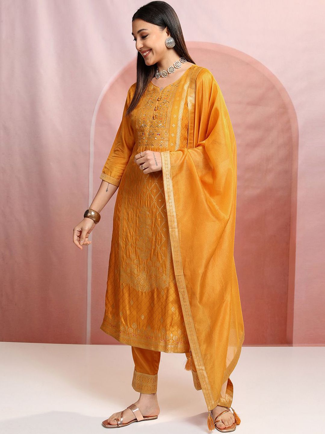 Vishudh Mustard Yellow Ethnic Motifs Embroidered Straight Kurta & Trousers With Dupatta