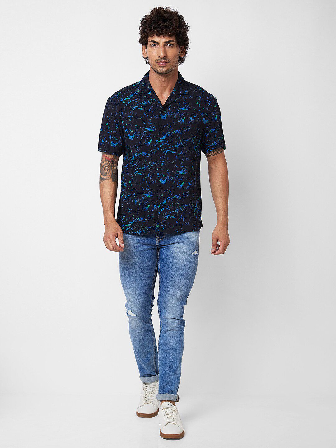 SPYKAR spread collar Short Sleeves Printed Casual Cotton Shirt