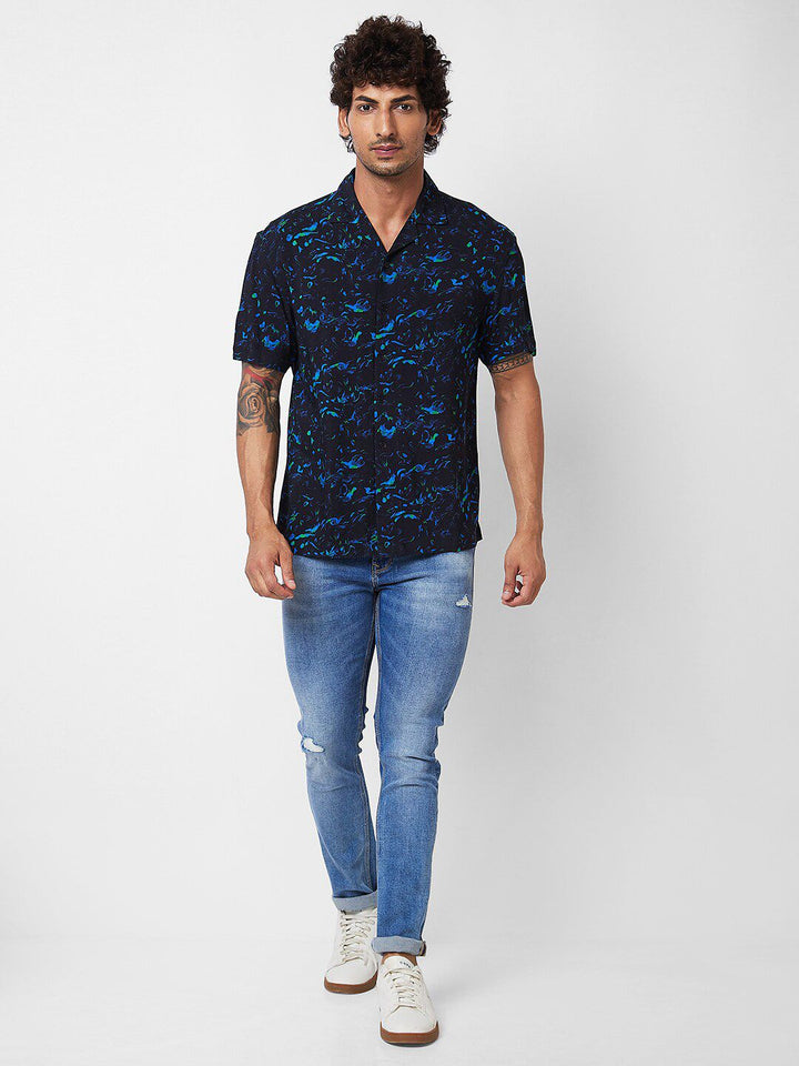 SPYKAR spread collar Short Sleeves Printed Casual Cotton Shirt