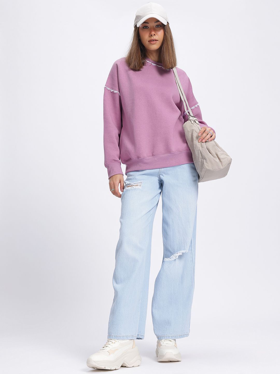 DressBerry Lace Insert Detail Drop-Shoulder Sleeve Sweatshirt