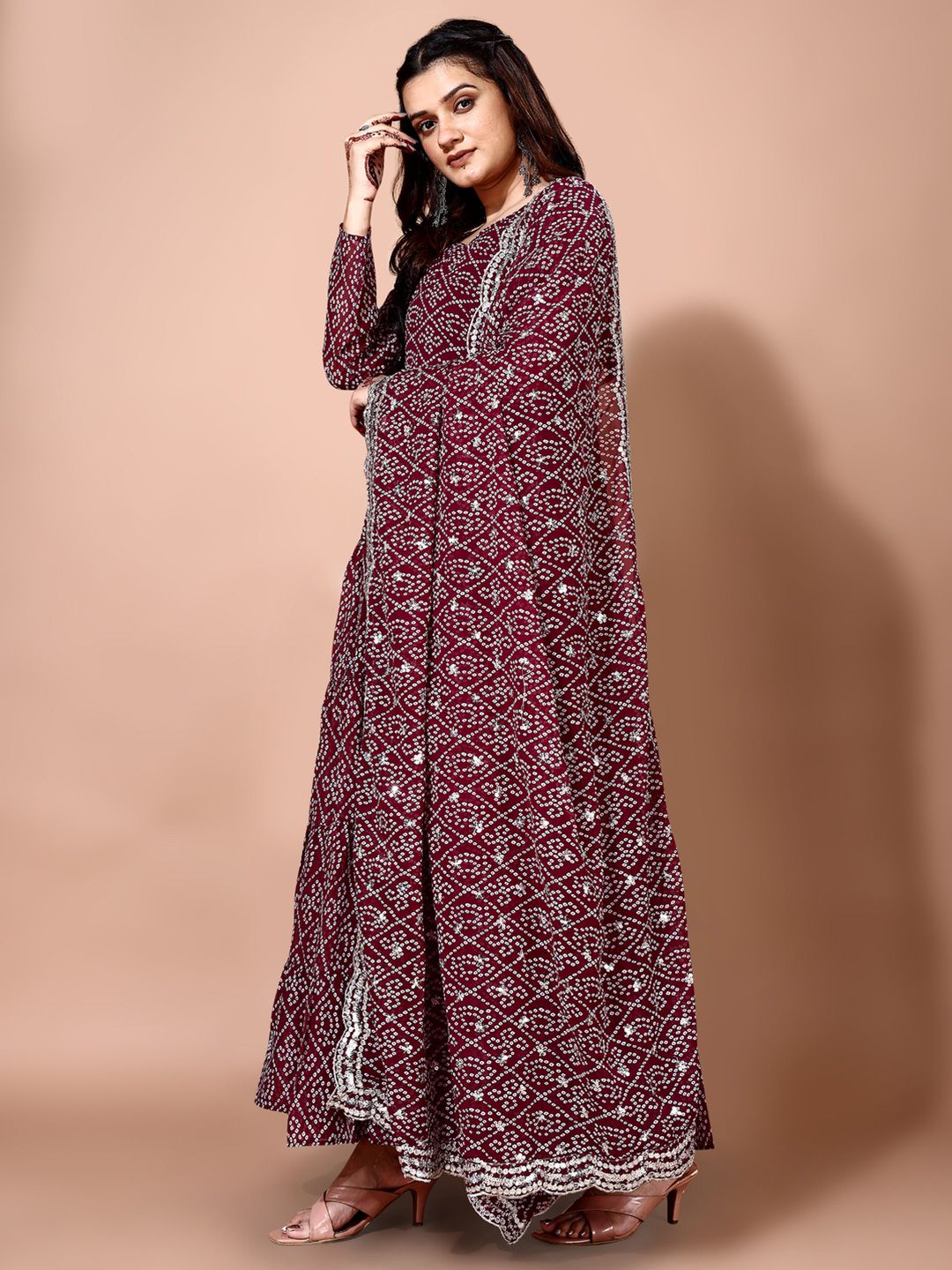 KALINI Bandhani Printed Tiered Anarkali Georgette Kurta With Trouser & Dupatta