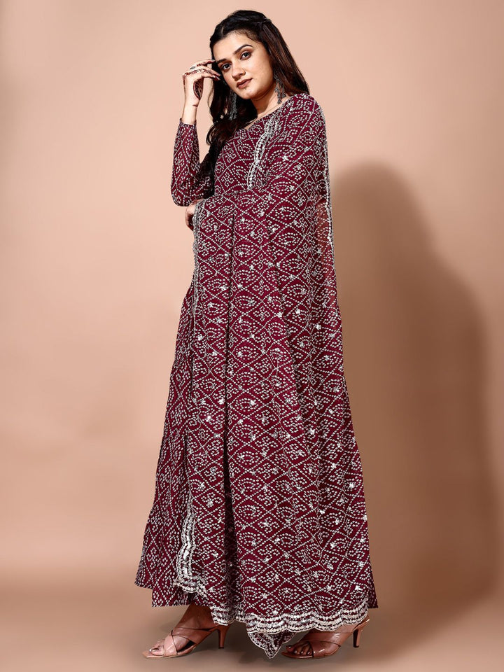 KALINI Bandhani Printed Tiered Anarkali Georgette Kurta With Trouser & Dupatta