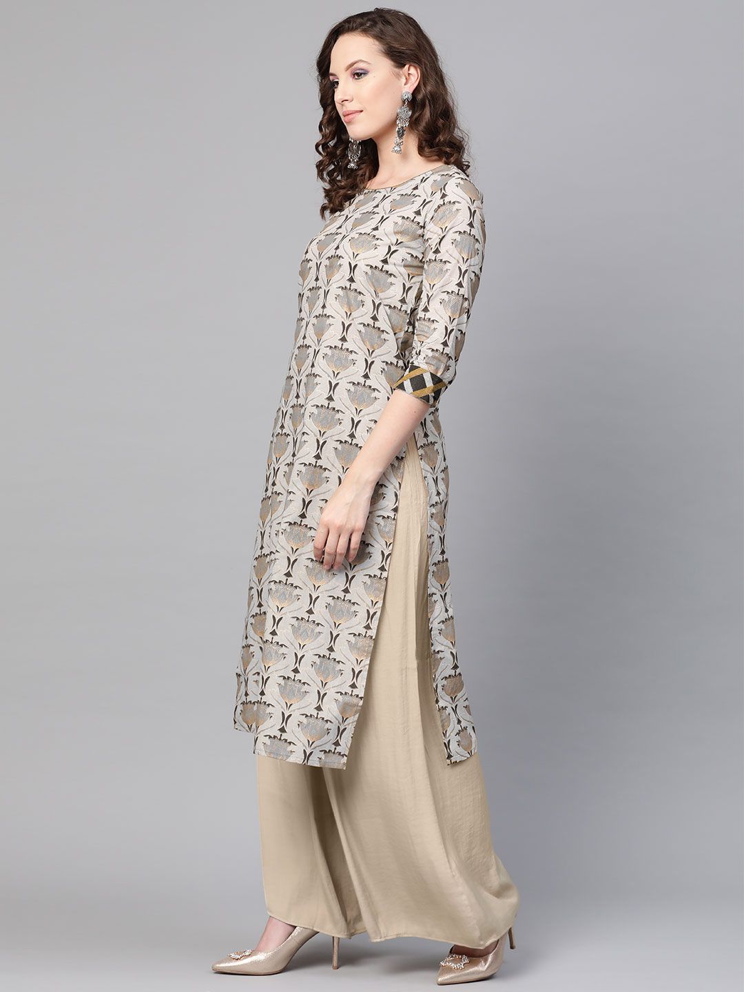SOJANYA Wanita Grey & Black Foil Print A-Line Kurta