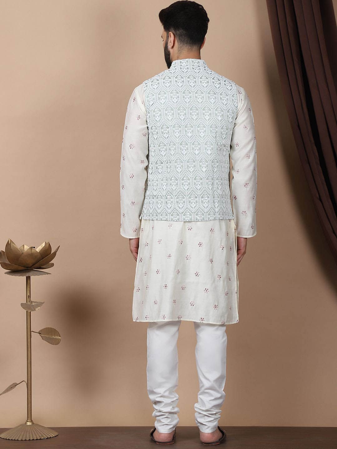 Anouk Cream-Coloured Floral Embroidered Cotton Silk Kurta with Churidar & Nehru Jacket