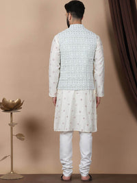 Anouk Cream-Coloured Floral Embroidered Cotton Silk Kurta with Churidar & Nehru Jacket