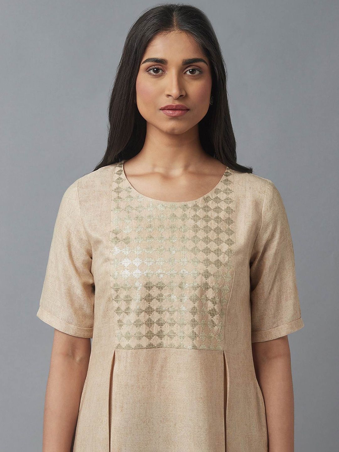 W Women Beige Embellished Keyhole Neck Flared Kurta